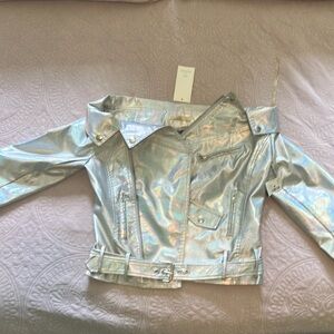 Never worn iridescent off the shoulder faux leather jacket!
